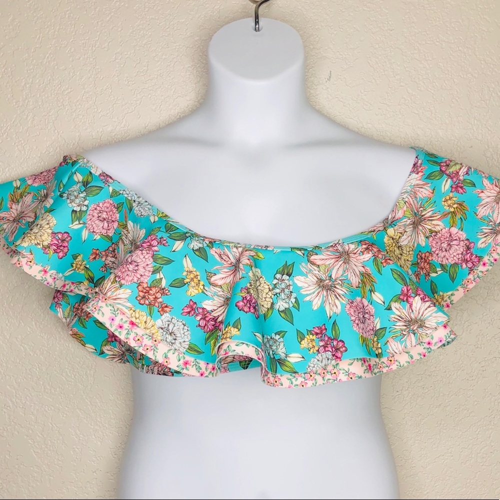 Gianni Bini Floral Ruffle Off Shoulder Swim Top